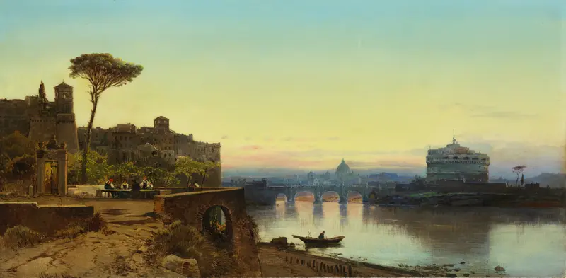 River scene at twilight, oil on canvas by Hermann David Salomon Corrodi