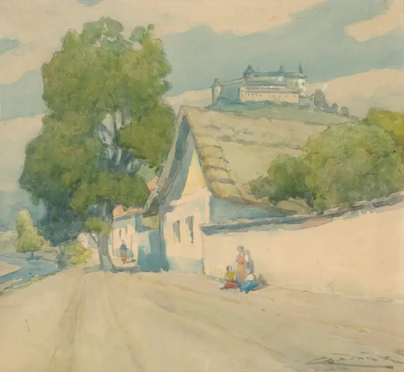 Landscape with hills and soft sky, oil on canvas by Ľudovít Čordák