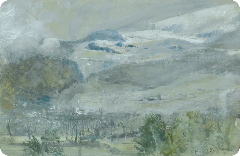 Swiss Valley Landscape by John William Inchbold, oil painting of a serene valley with mountains and a river.