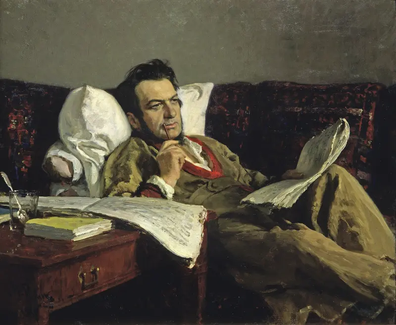 A man lost in thought on a sofa, surrounded by scattered papers and a glass, reflecting the creative process.