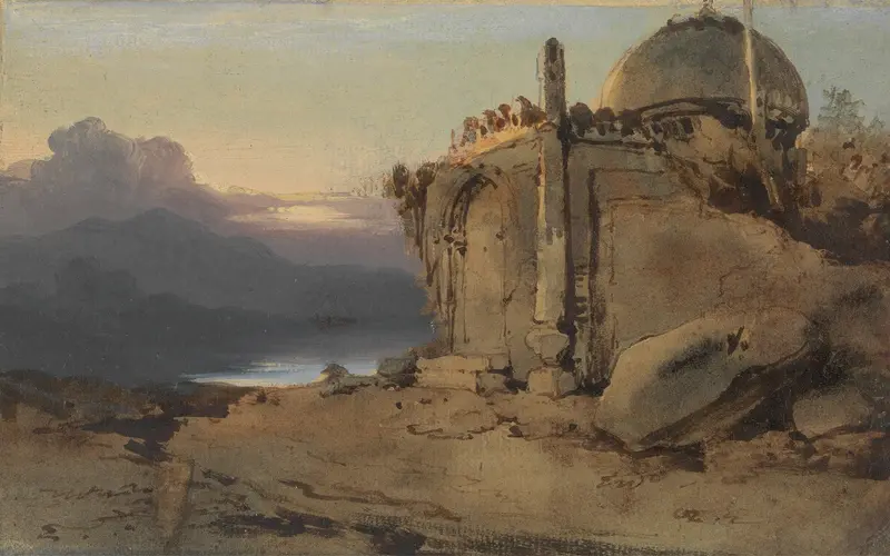 Ruins of a temple at sunset, oil on canvas by George Chinnery