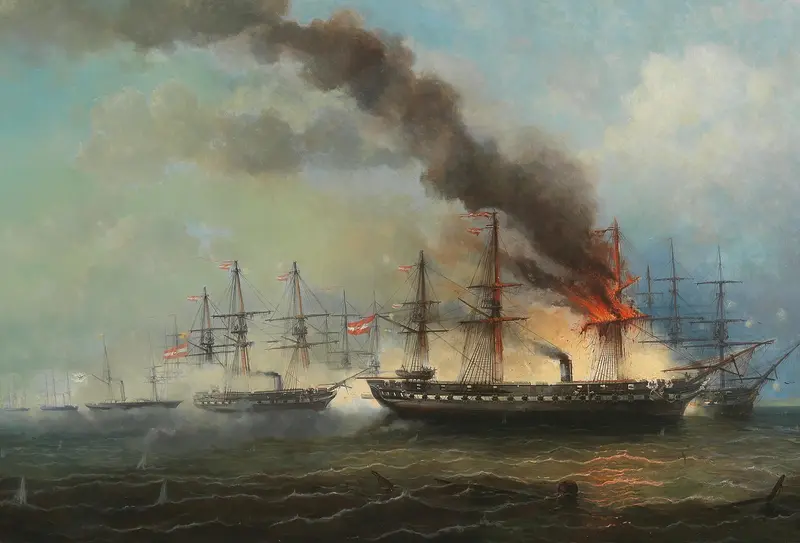 Oil painting by Josef Carl Berthold Püttner depicting a historical sea battle with warships and sailors