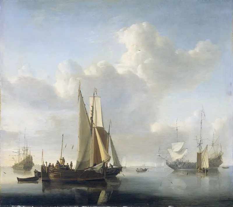 Ships before the Coast, oil painting by Willem van de Velde the Younger, featuring vessels on a seascape.