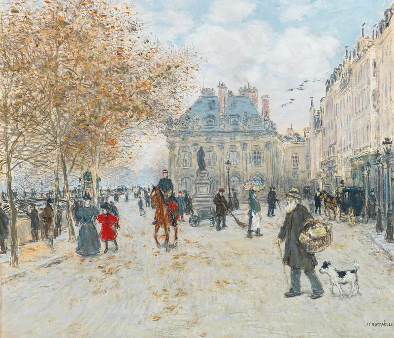 The Quai Malaquais, Paris by Jean François Raffaëlli, oil on canvas depicting cobblestones and river.