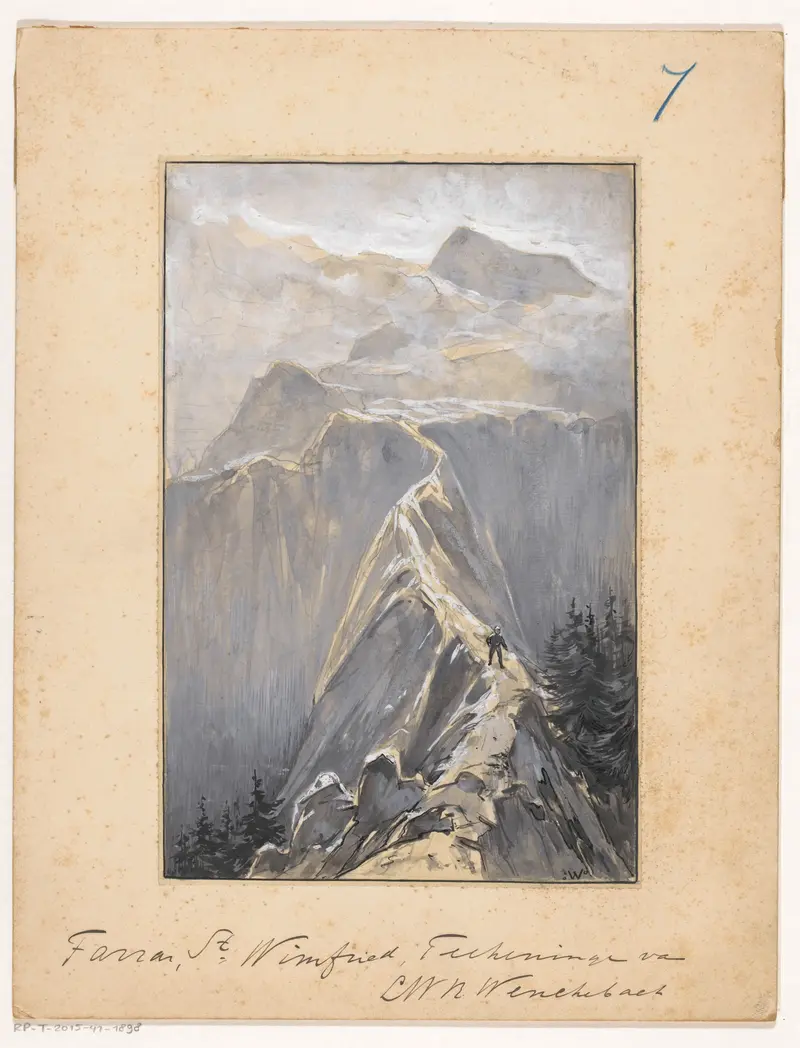 A lone figure walks along a mountain path in an oil painting by Willem Wenckebach.