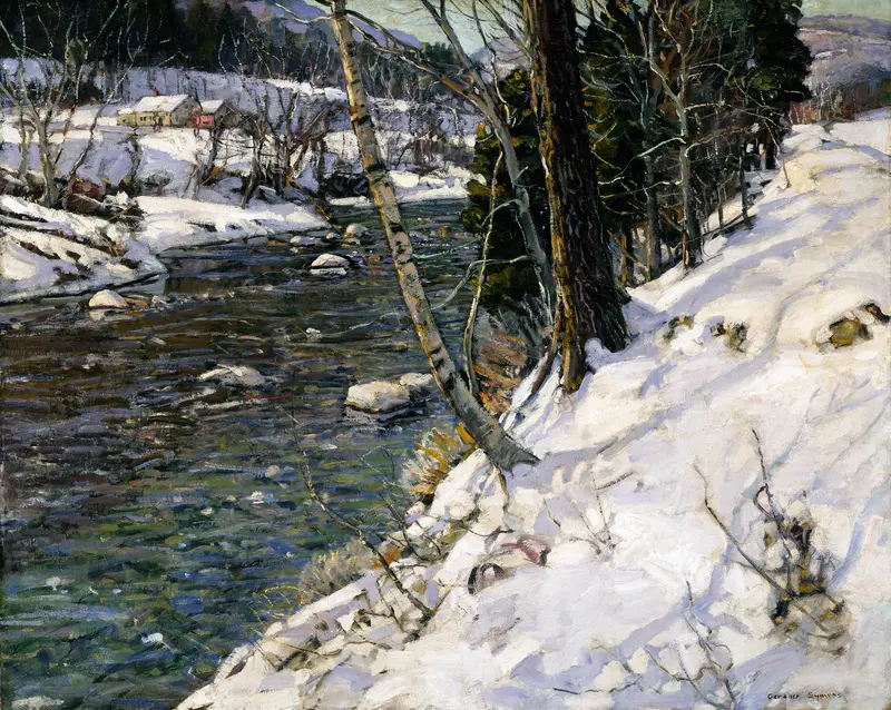 Landscape oil painting by George Gardner Symons featuring golden hills and sunlight