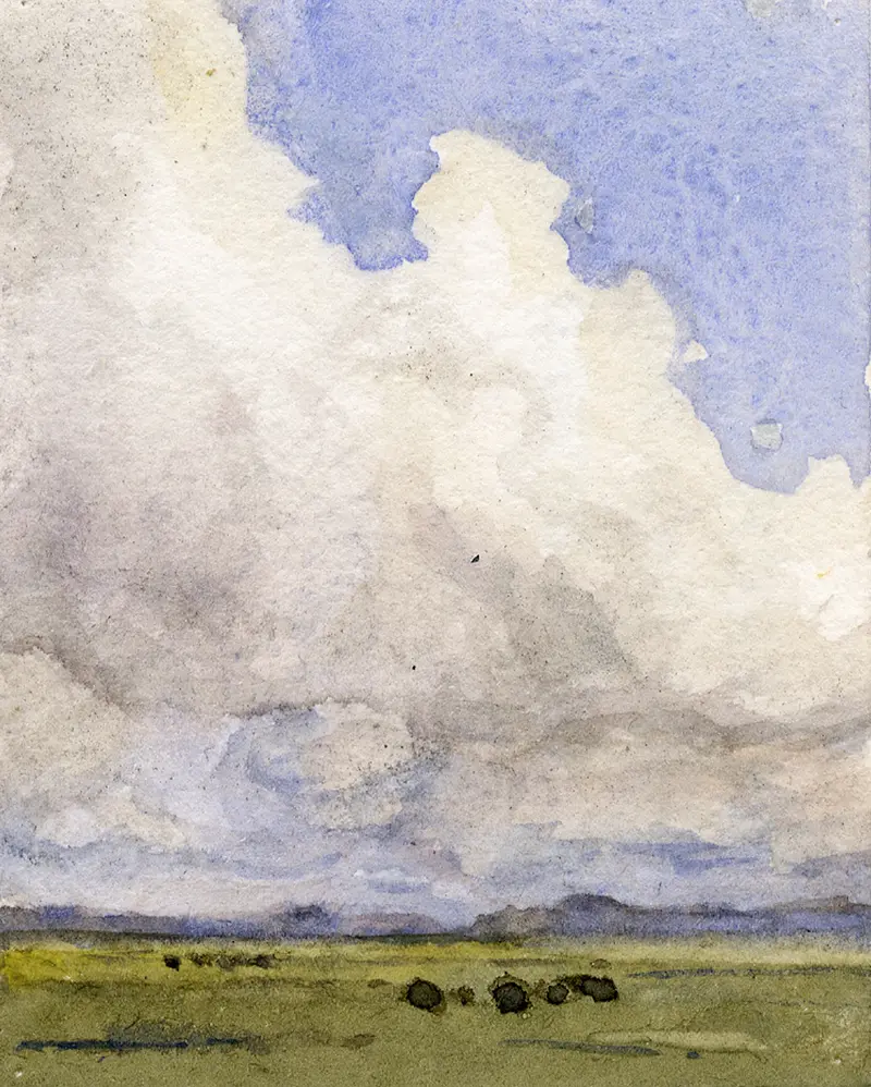 Landscape with swirling clouds and fields in muted colors, oil painting by Frans Smissaert