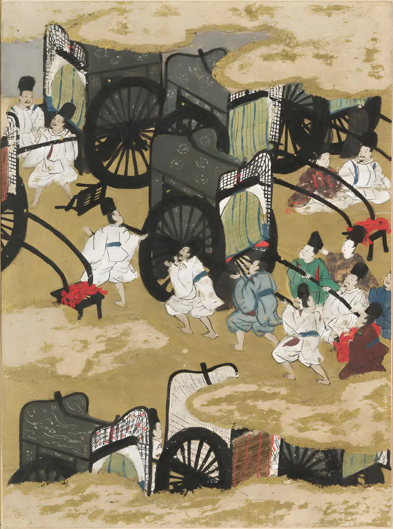 Gold illustration by Tosa Mitsunobu depicting two figures in intimate exchange.