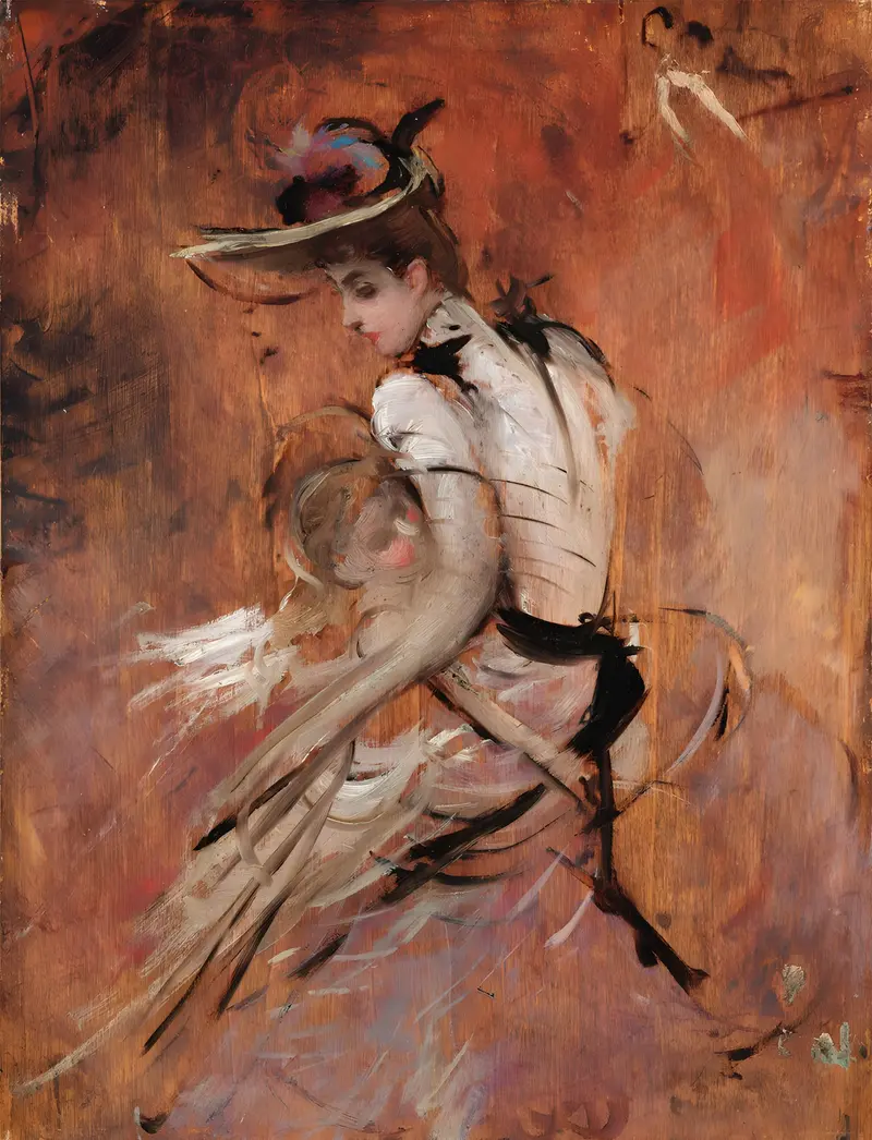 A portrait of a young mother wearing a hat, showcasing Giovanni Boldini's distinctive style.