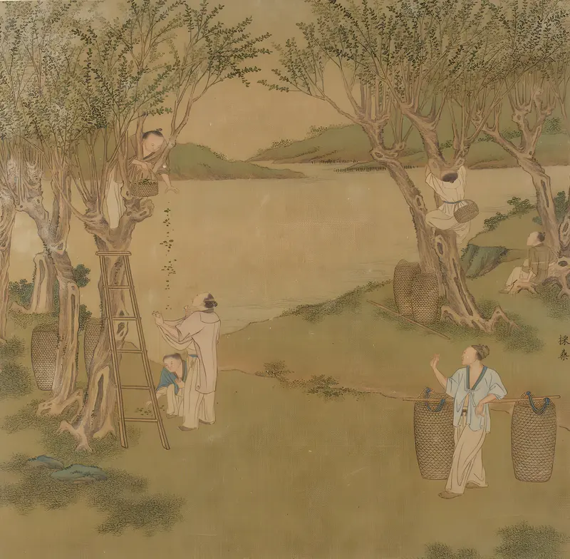Figurative silk artwork by Qiu Ying depicting rice and silk culture