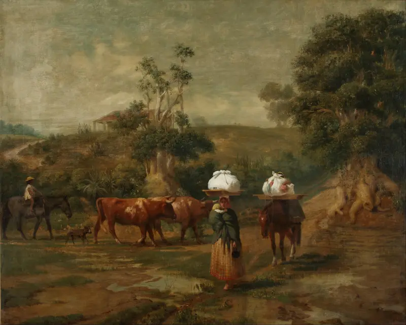 Genre scene depicting women washing clothes, oil painting by Prilidiano Pueyrredòn