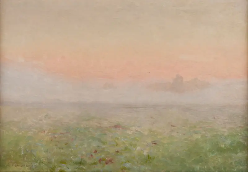 oil painting by Jozef Chelmonski depicting a serene landscape at sunrise