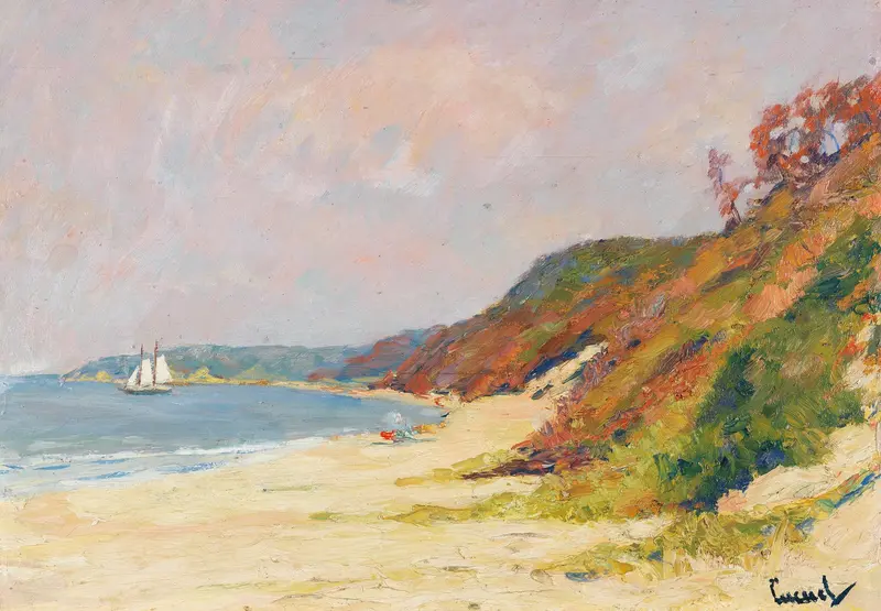 The Beach at Rocky Point, Long Island by Edward Cucuel, oil on canvas depicting a sunny beach with figures and gentle waves.