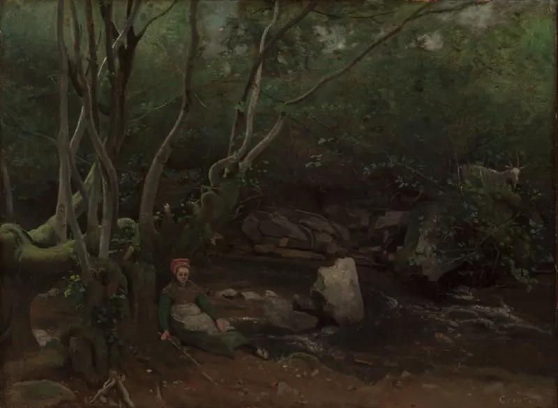 Lormes Goat-Girl, Sitting Beside a Stream in a Forest, oil on canvas by Jean-Baptiste-Camille Corot