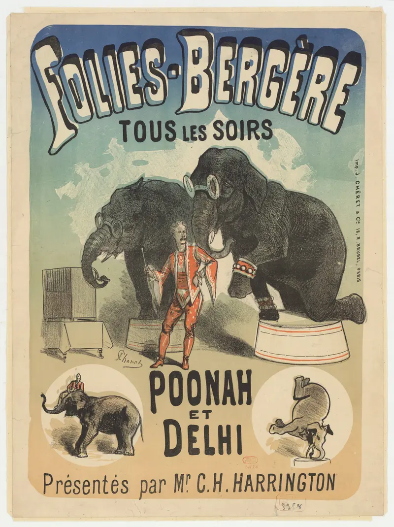 A vibrant poster by Jules Chéret featuring a lively scene at the Folies Bergère.