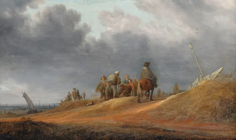 Coastal market scene by Jacob Salomonsz. van Ruysdael, oil on canvas
