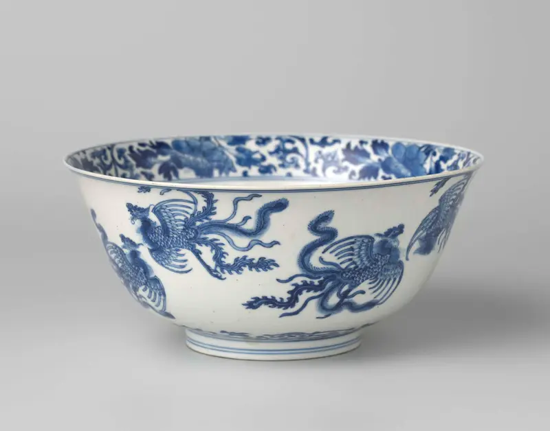 Bell-shaped bowl with feng huangs, ceramic, unknown artist