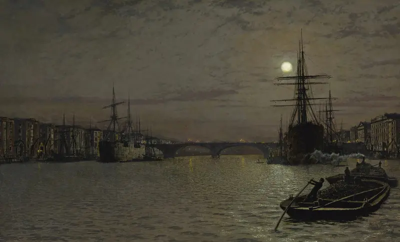 The Pool and London Bridge at Night, Victorian oil painting by John Atkinson Grimshaw