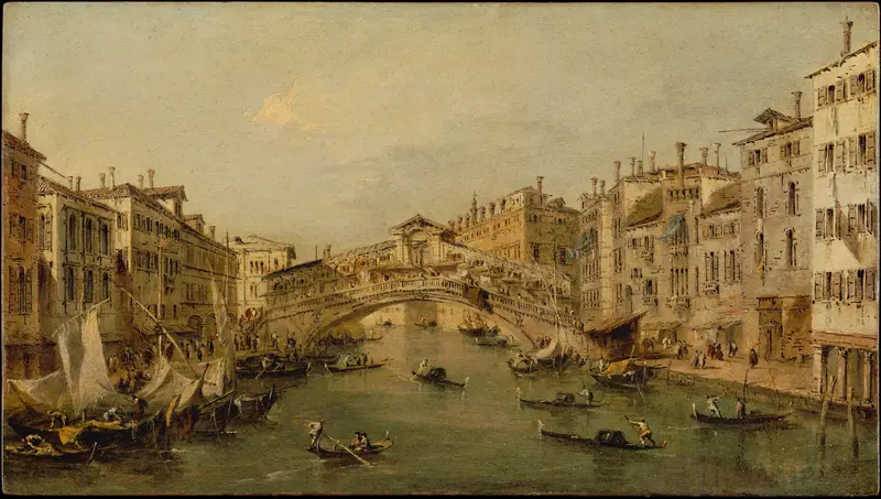 Rococo architecture of the Rialto bridge in Venice by Francesco Guardi, oil painting