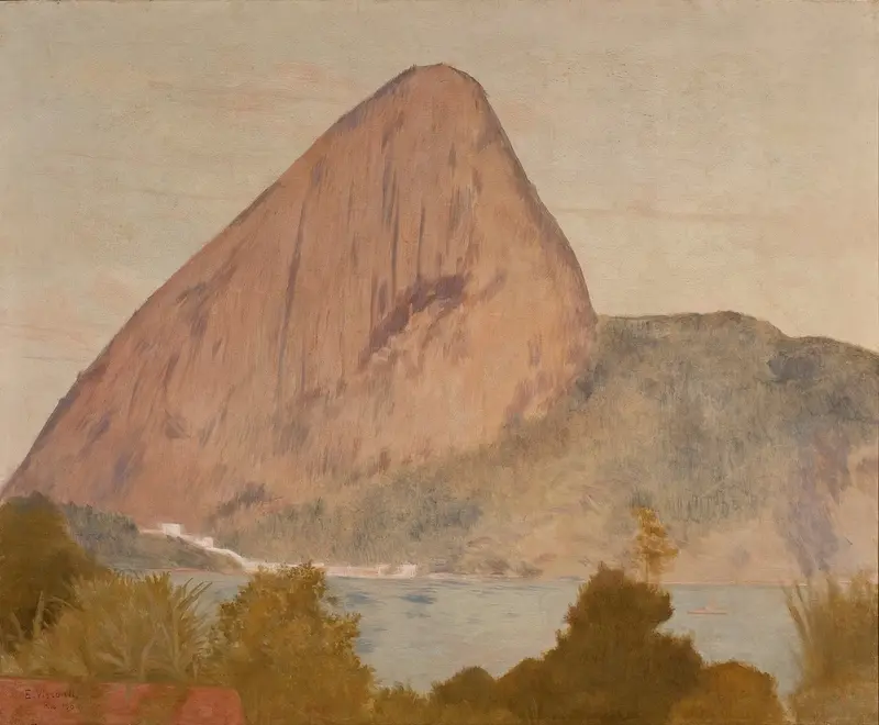 Oil painting by Eliseu Visconti depicting Pão de Açúcar at sunset with reflections on water.