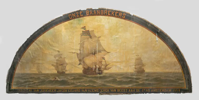 Oil painting by jonkheer Jacob Eduard van Heemskerck van Beest depicting ships sailing on the ocean