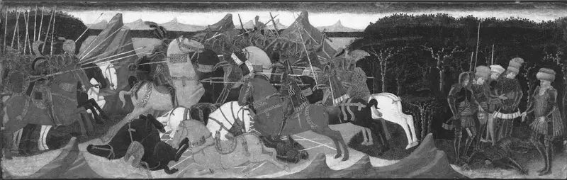 A chaotic scene of horses, banners, and armored men in battle, with a grim gathering under trees at the edge.