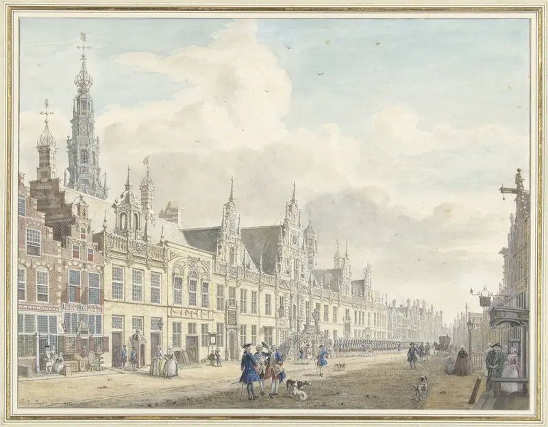 Engraving of the town hall of Leiden by Jan de Beijer