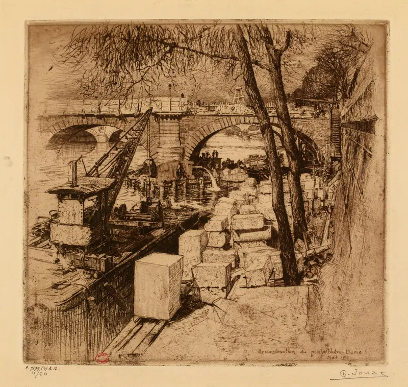 Reconstruction du pont Notre-Dame by Charles Jouas, watercolor on paper
