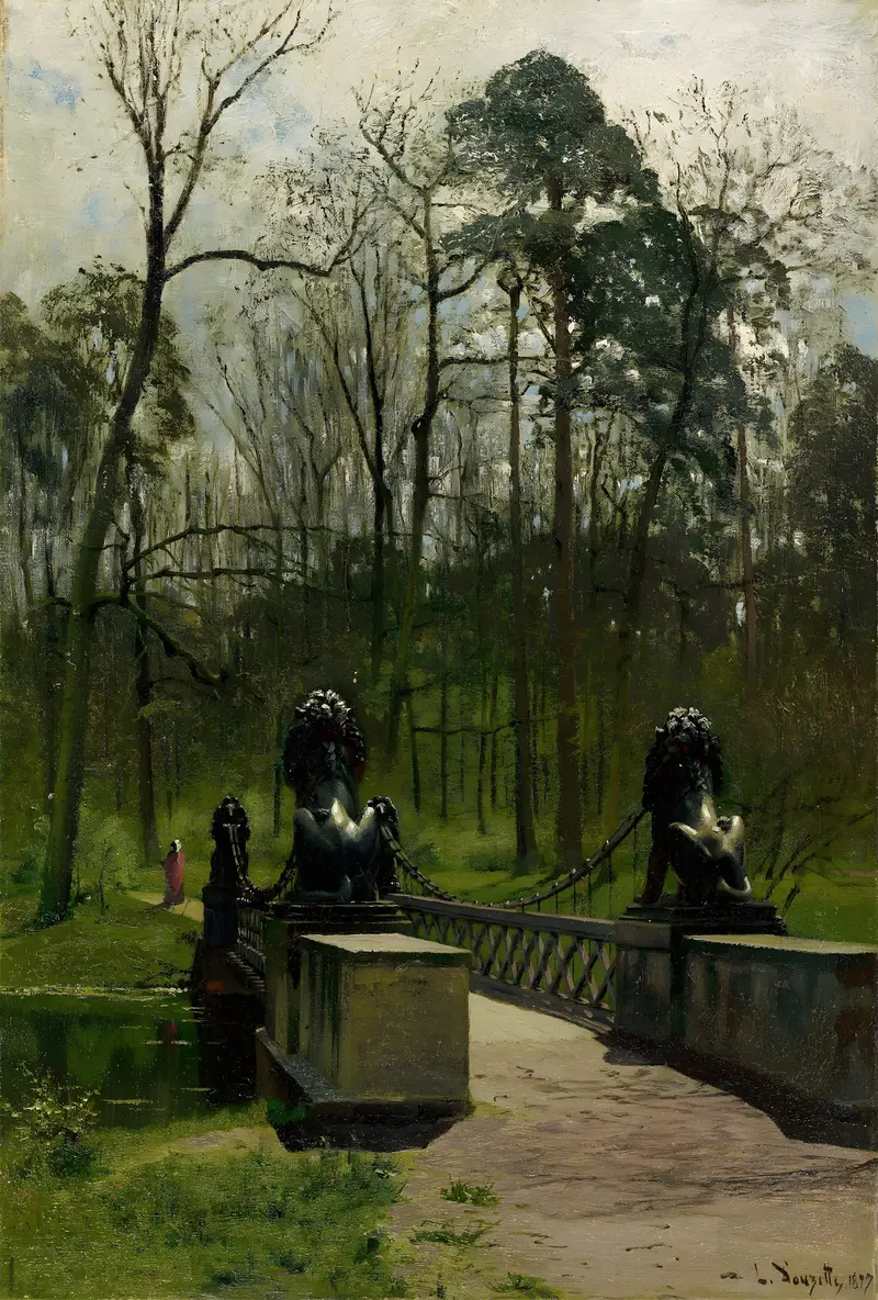 Löwenbrücke im Tiergarten, oil on canvas by Louis Douzette, depicting a tranquil landscape with a bridge and water.