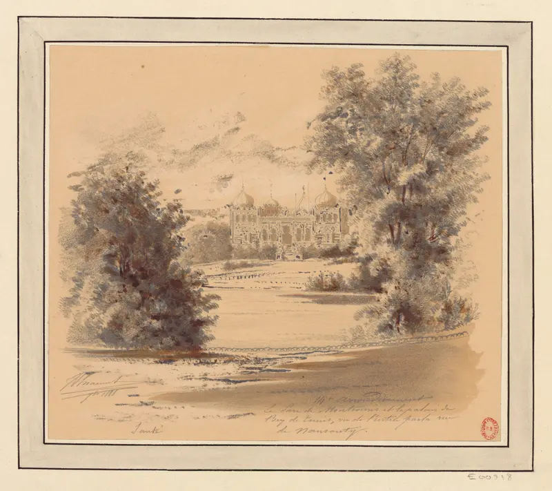 Oil painting by Jules-Adolphe Chauvet depicting Montsouris Park with vibrant foliage.
