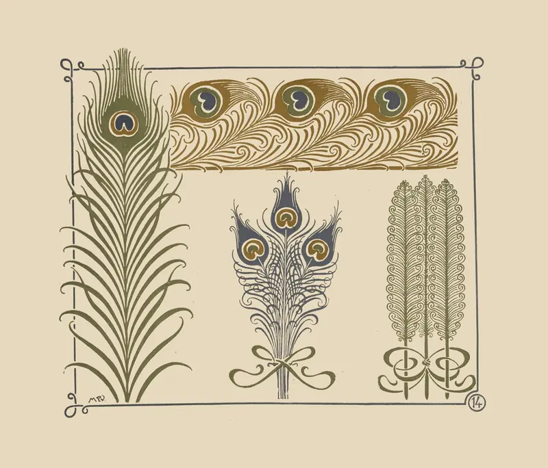 Abstract design with peacock feathers, watercolor on paper by Maurice Pillard Verneuil