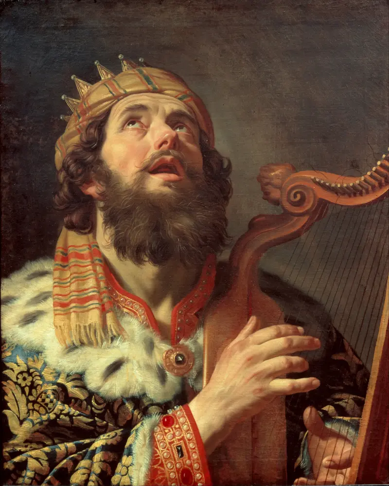 A depiction of King David playing the harp, showcasing the Baroque style.
