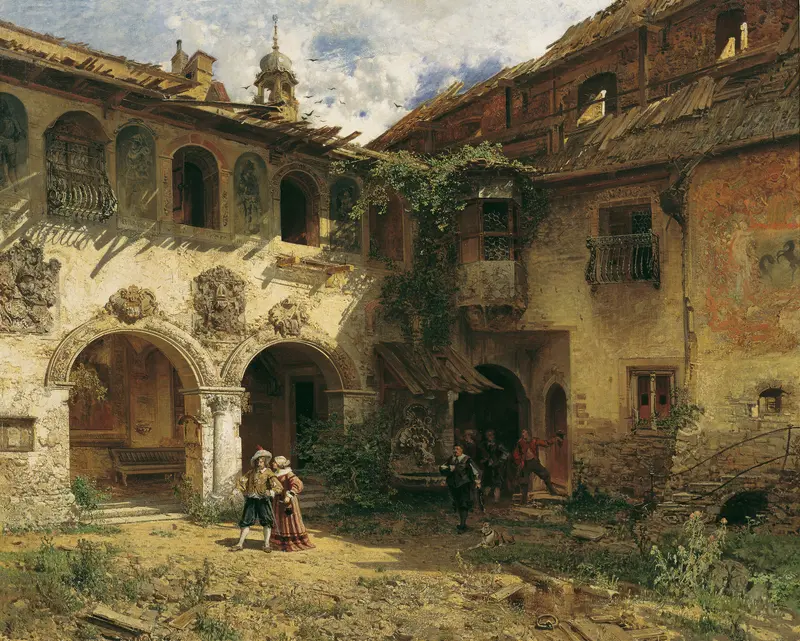 Hof der Fürstenburg in Burgeis by Robert Russ, oil on canvas depicting a serene landscape with a castle.