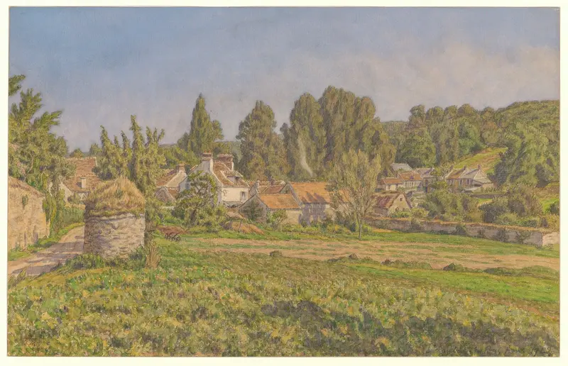 Post-Impressionism landscape by Henri Rivière depicting a tranquil village at twilight.