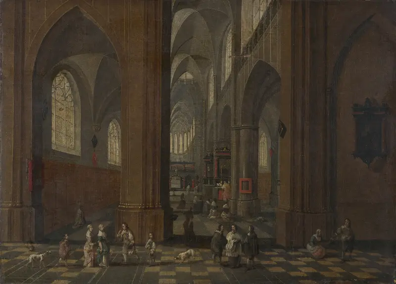 Church interior with golden light and stained glass by Pieter Neeffs the Elder, oil on panel