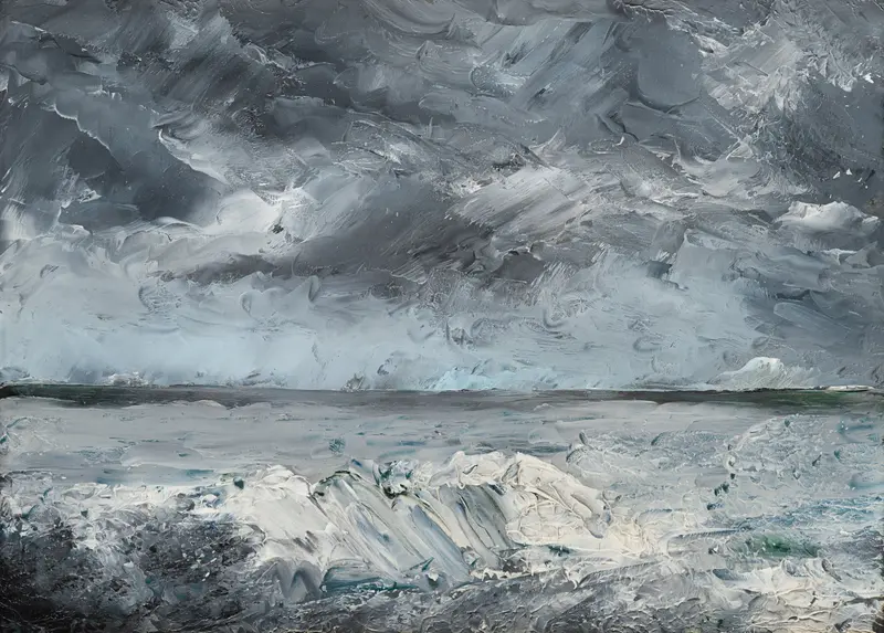 A turbulent seascape with crashing waves and a dynamic sky filled with shades of blue and grey.