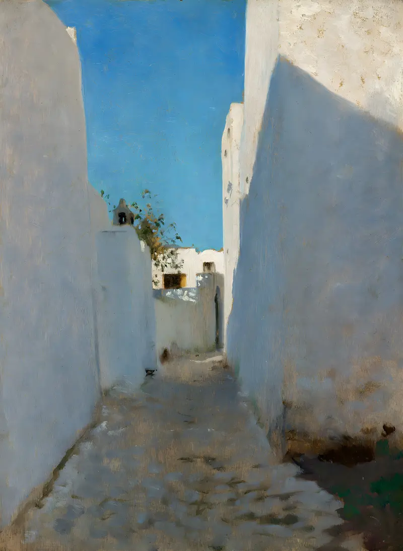 A Moroccan street scene with sunlight on ochre buildings, oil on canvas by John Singer Sargent.