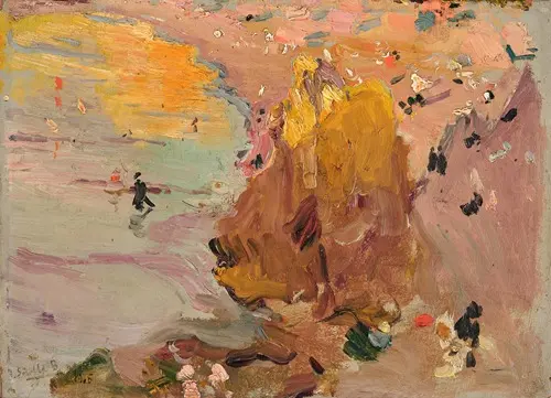A rocky outcrop at the center with pale sand and water curving to a sunset sky, scattered small dark figures along the shore and rocks.