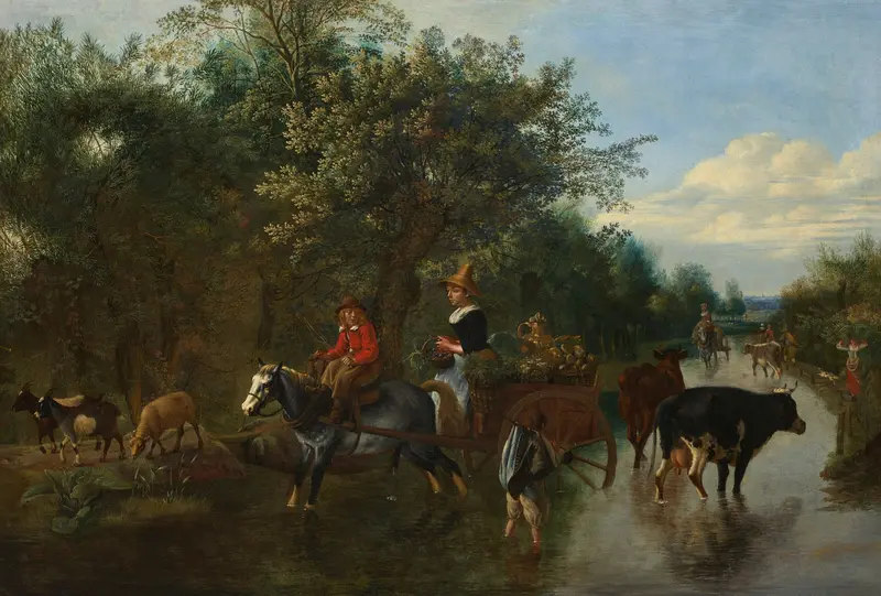 A peasant girl and boy driving a vegetable cart on a flooded track, oil painting by Jan Siberechts