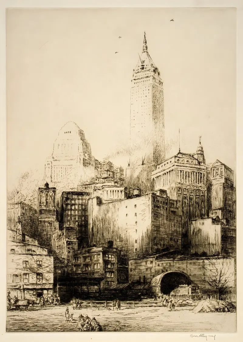 Etching by Kerr Eby depicting a figure under electric light and shadows.