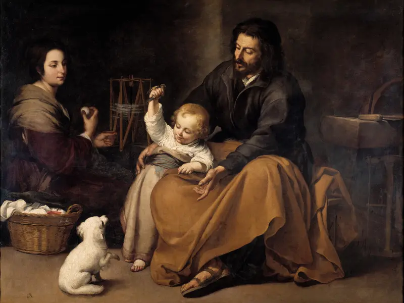 The Holy Family with a Bird depicts the Virgin Mary, Christ Child, and Saint Joseph in a tender domestic scene.