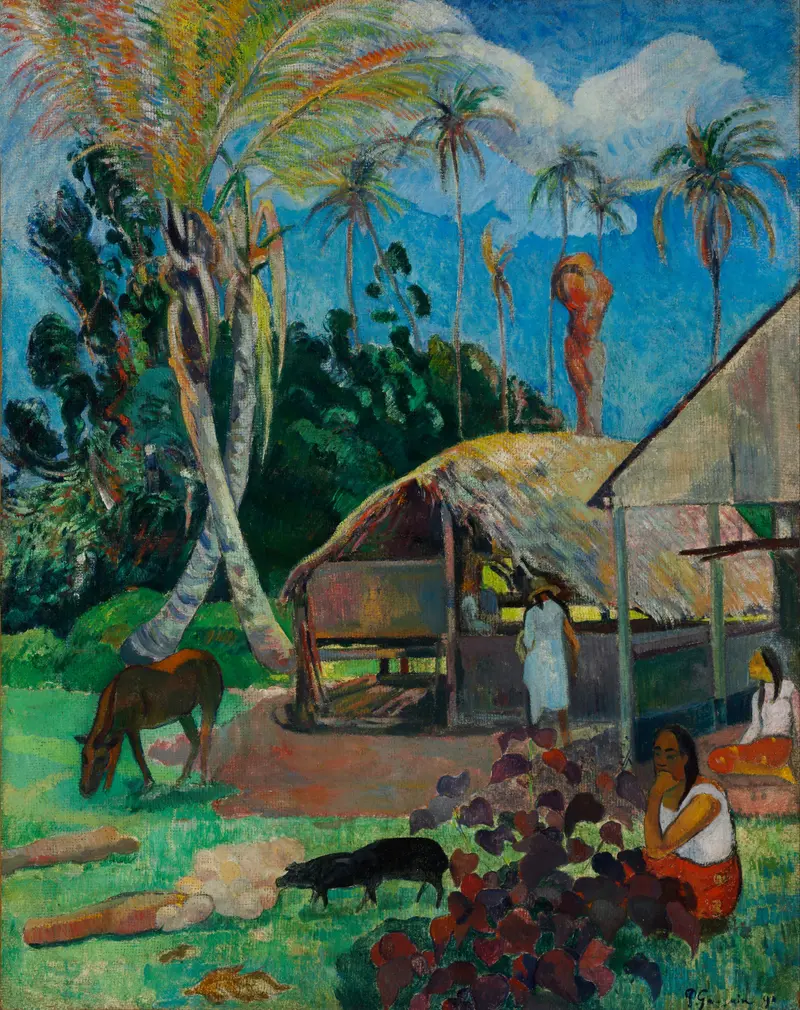 The Black Pigs by Paul Gauguin, oil on canvas featuring dark pigs in a colorful landscape.