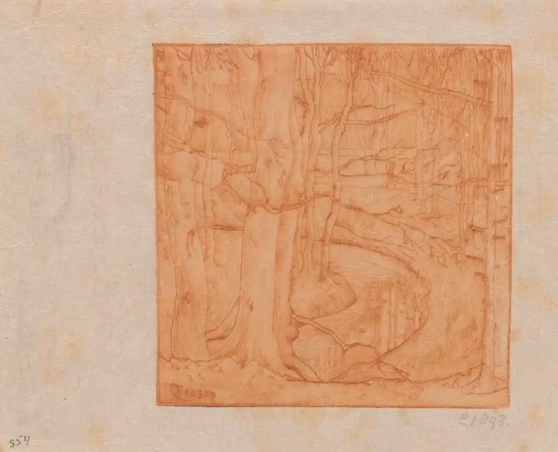 A serene landscape painting by Jan Toorop featuring trees along a stream.