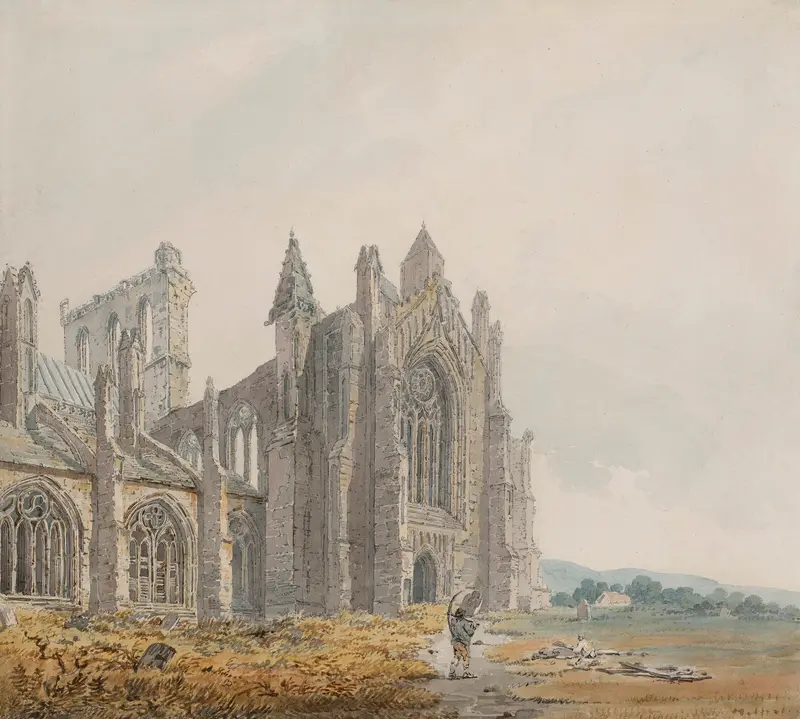 Watercolour by Thomas Girtin depicting Melrose Abbey, Scotland, with light and shadow on the ruins.
