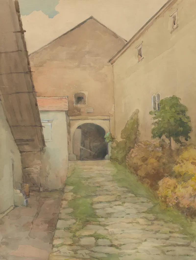 Starý dvor by Ľudovít Čordák, oil on canvas depicting a nostalgic village landscape.