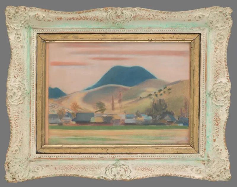 A serene landscape featuring a blue mountain, ochre hills, and pastel skies, with houses nestled in the valley below.