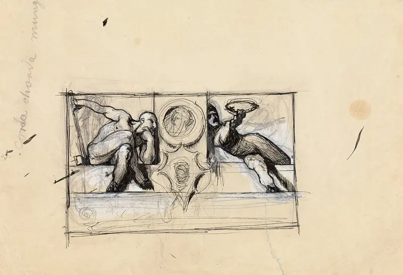 Franz von Stuck's 'Entwurf für eine Allegorie der Goldschmiedekunst' explores themes of craftsmanship and artistry.