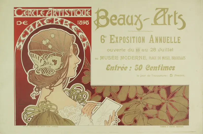A vibrant poster featuring a female figure entwined with lilies, embodying the spirit of the Belgian Art Nouveau movement.
