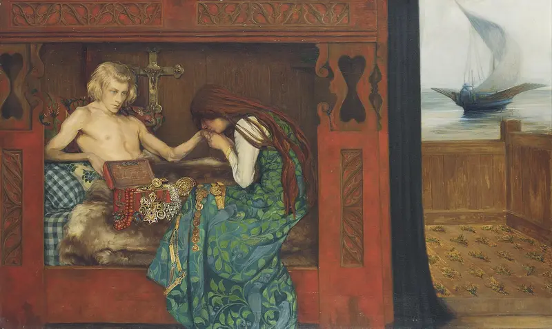 A pale youth lies dying in bed, while a grieving woman in green clings to his hand, surrounded by treasures and a ship sailing away.
