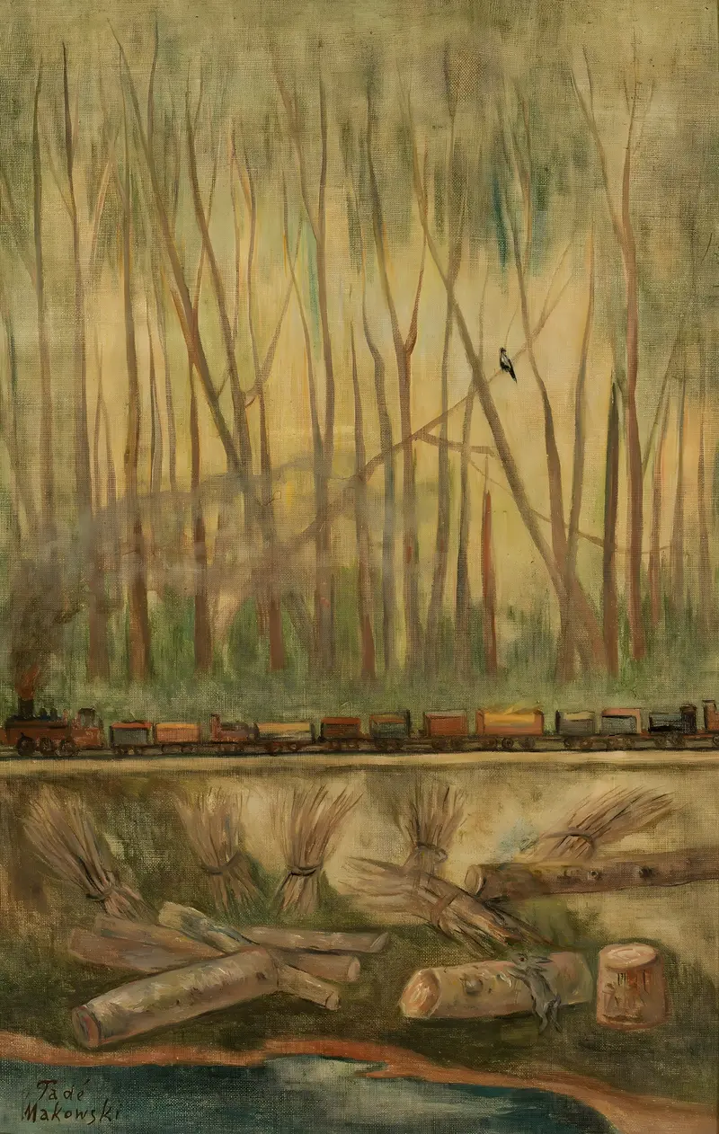 Figurative oil painting depicting a train in muted earth tones by Tadeusz Makowski